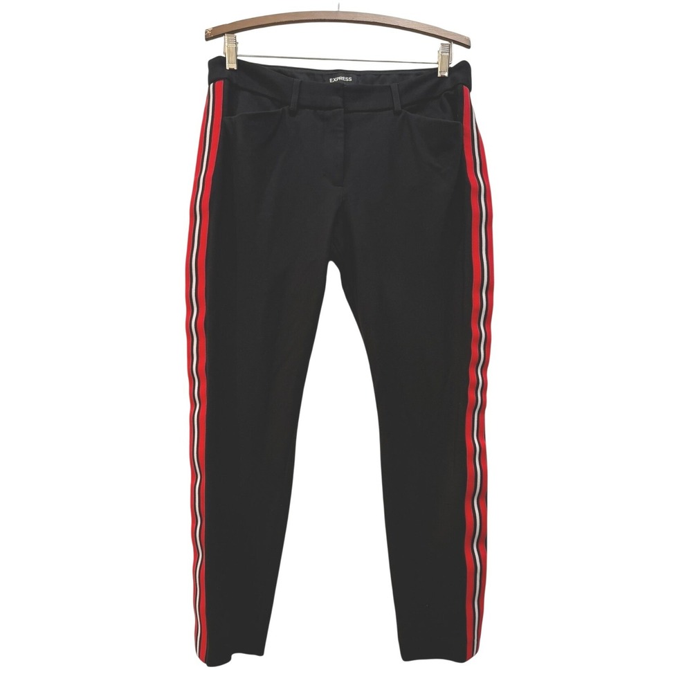 Express Stretch+ Skinny Mid Rise Ankle Black Pants Red White Side Stripe‎ Sz 10R